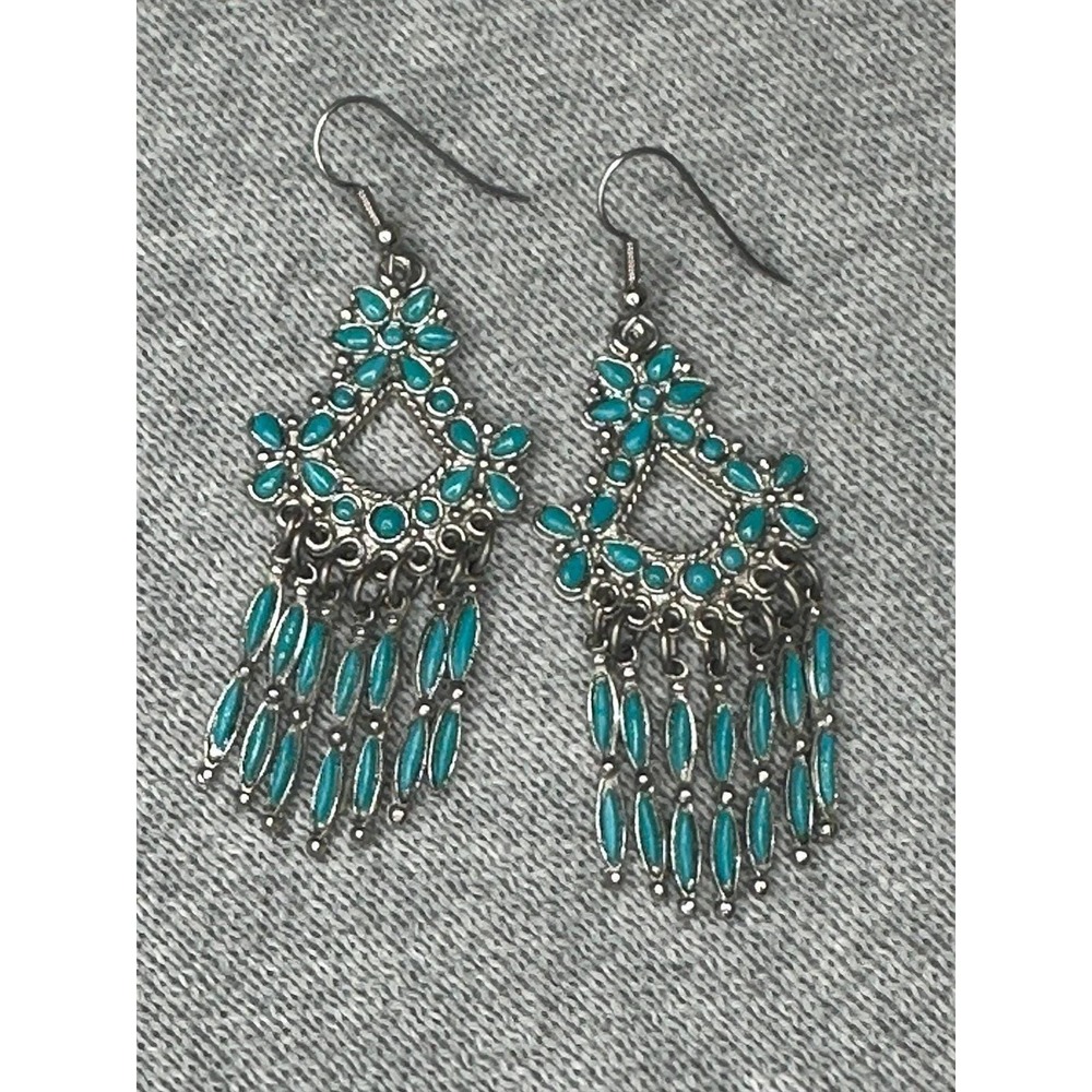Zuni Turquoise Needlepoint Chandelier Sterling Silver Native American Earrings